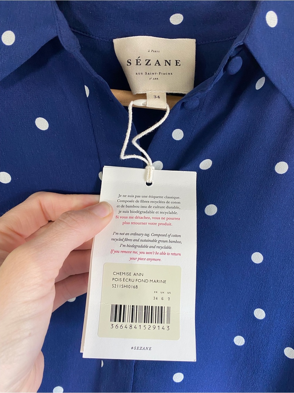 Sézane Ann Navy Polka Dot Button-Up 100% Silk French Casual Blouse - Picture 5 of 10